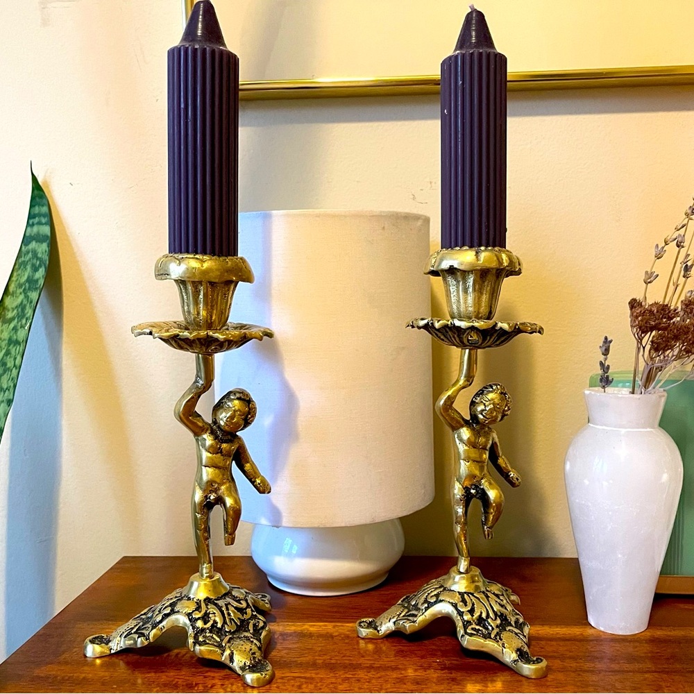 ⭐️item has sold⭐️ Vintage solid brass cherub candlesticks MCM candelabra Cupid